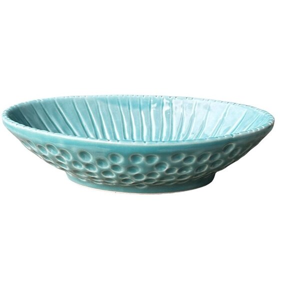 Majoliche Jessica Ceramic Oval Bowl Turquoise Dimpled Rib Art Deco Italy 8.75" - Picture 4 of 10